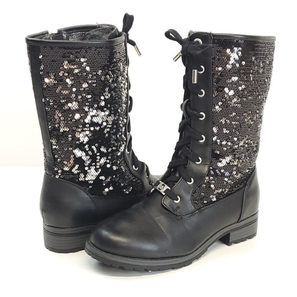 Women’s Michael Kors MARCELLA Black Lace Up Sequin Mid Calf Boots US 5